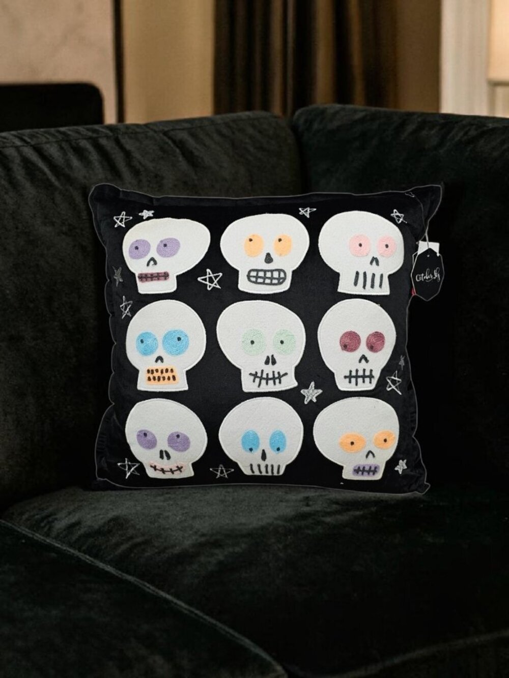 October Sky New Halloween Skull Themed Embroidered Feather Filled Throw Pillow